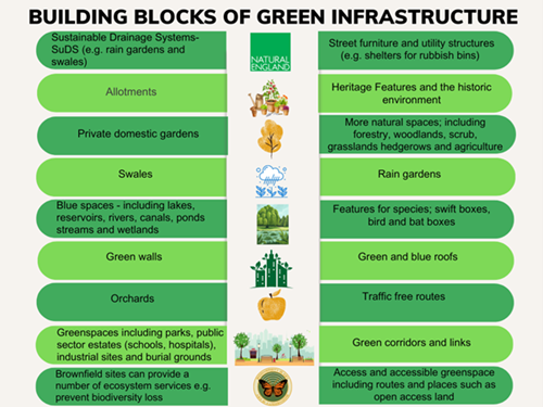 buiding blocks of green infrastructure infographic as per text