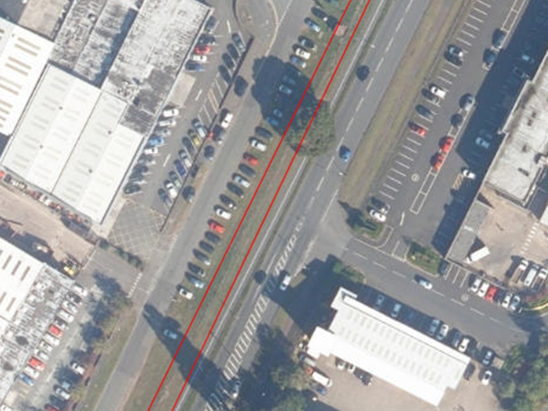 aerial view map of industrial area along Stourport Road showing pollinator patch in central reservation outlined in red