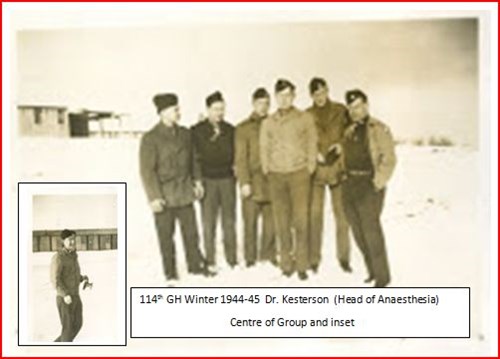 group of 6 men in military uniforms smaller photo of one man overlaid in corner, text label laid on top that read 114th GH einder 1944-45 Dr Kesterson (Head of Anaesthesia) centre of group and inset