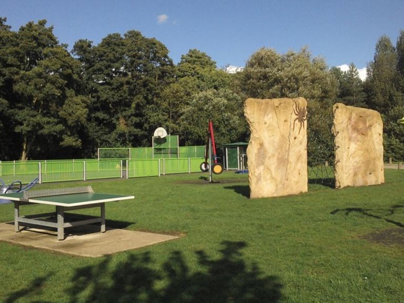 Older children's play area with climbing apparatus located on grassed area in public park.