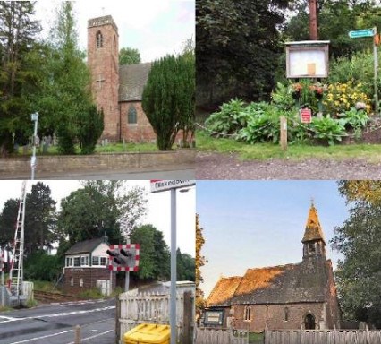2 churches, notice board and level crossing