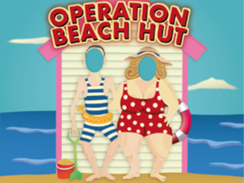 Graphic of a beach hut on sand with sea and sky behind with the words Operation Beach Hut - a musical seaside adventure