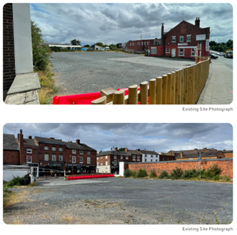 2 images of the existing site, an empty gravel car park fenced off buildings either side