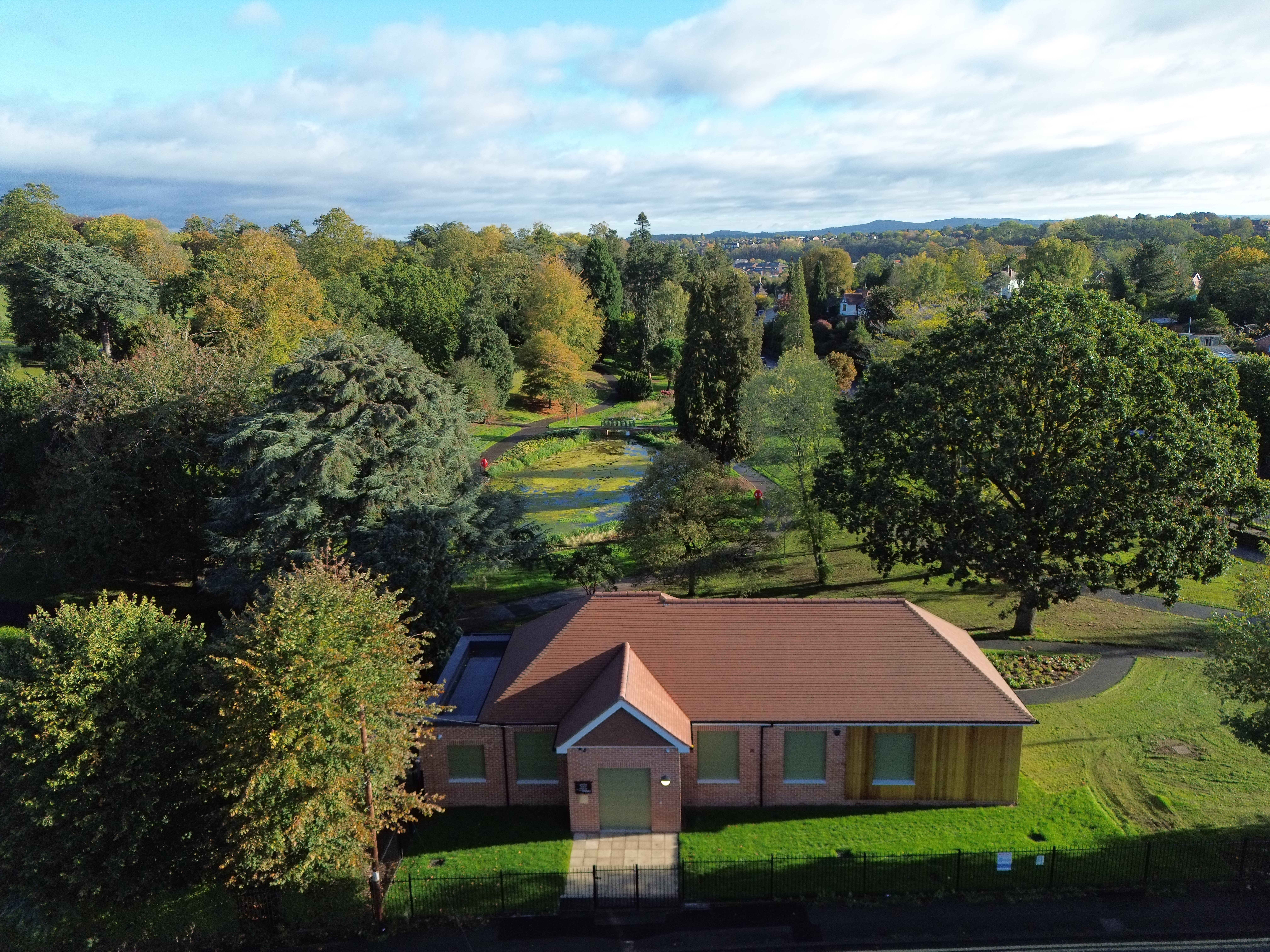 aerial view of building in park