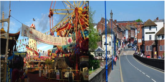 side by side images of a funfair and a street lined with buildings