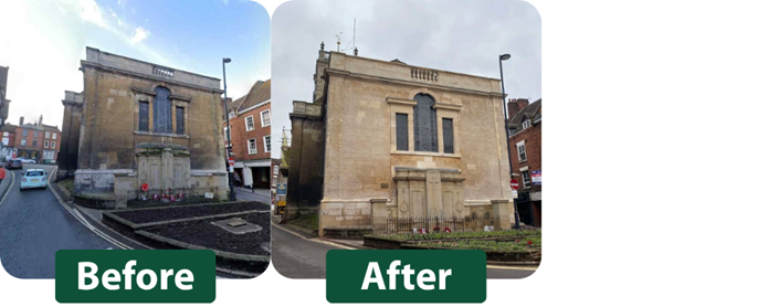 Before and after photos showing the renovations to the stonework of the front of St Anne's Church